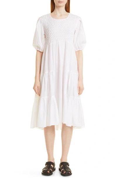 Shop Merlette Vallarta Smocked Cotton Tiered Dress In White