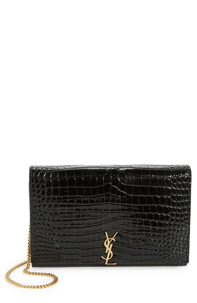 Shop Saint Laurent Glossy Croc Embossed Leather Wallet On A Chain In Nero/ Nero