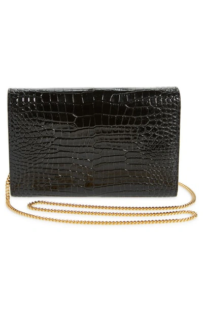 Shop Saint Laurent Glossy Croc Embossed Leather Wallet On A Chain In Nero/ Nero