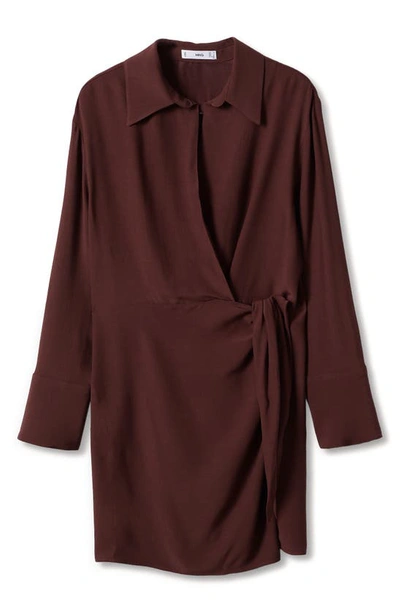 Shop Mango Bow Long Sleeve Wrap Dress In Brown