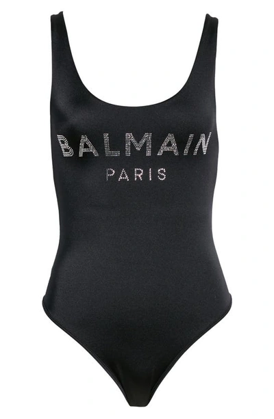 Shop Balmain Crystal Embellished One-piece Swimsuit In Black