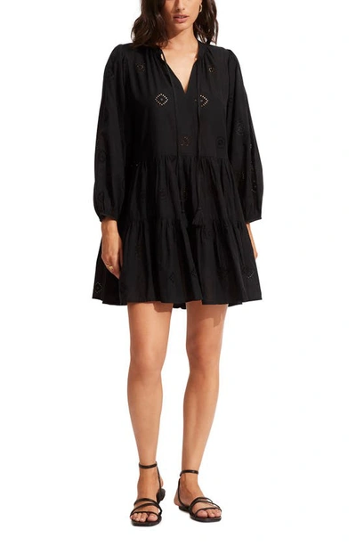 Shop Seafolly Beach Edit Embroidery Tiered Cover-up Dress In Black