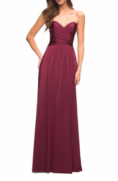 Shop La Femme Strapless Jersey Gown In Dark Berry