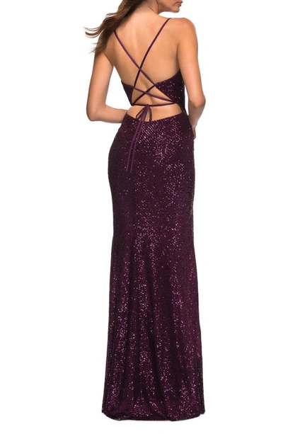 Shop La Femme Sequin Sleeveless Gown In Dark Berry