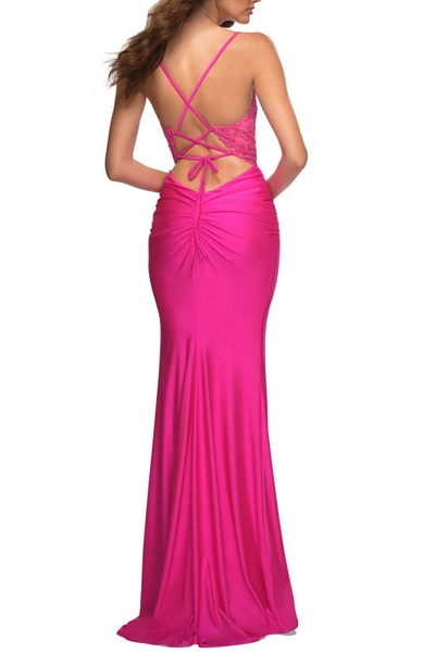 Shop La Femme Illusion Plunge Mermaid Gown In Neon Pink