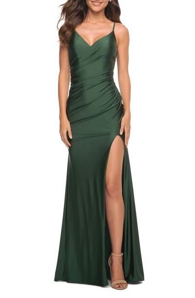 Shop La Femme Sleeveless Jersey Mermaid Gown In Dark Emerald