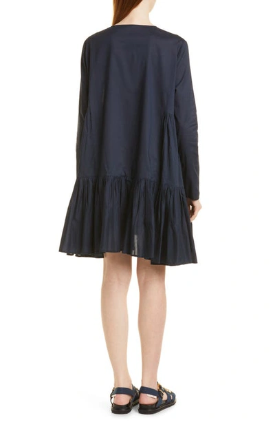 Shop Merlette Martel Pleated Long Sleeve Tiered Cotton Dress In Navy