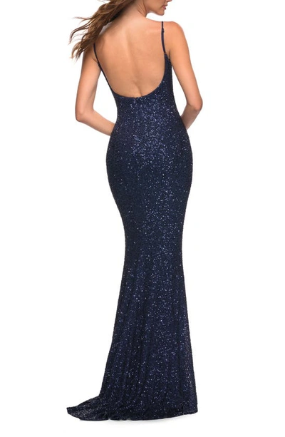 La Femme Sequin Trumpet Gown In Navy