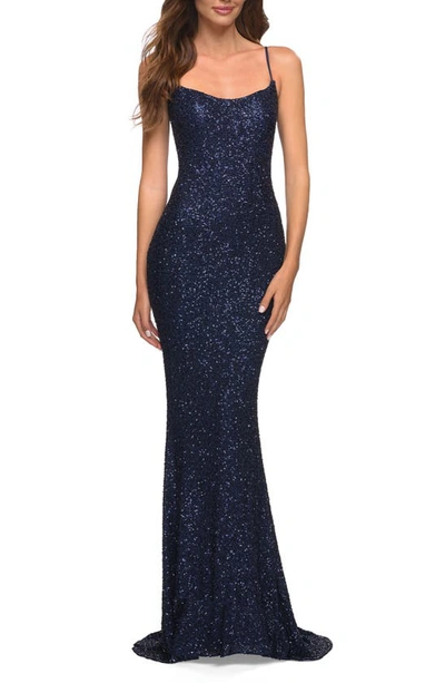 La Femme Sequin Trumpet Gown In Navy