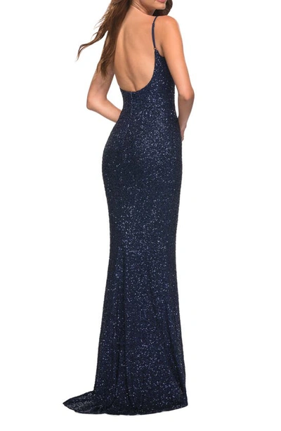 La Femme Sequin Trumpet Gown In Navy