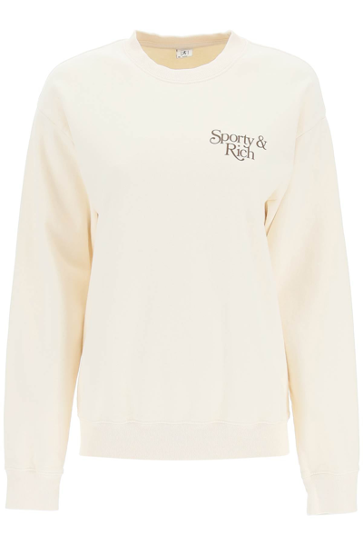 Shop Sporty And Rich Sporty Rich Crewneck Logo Sweatshirt In White