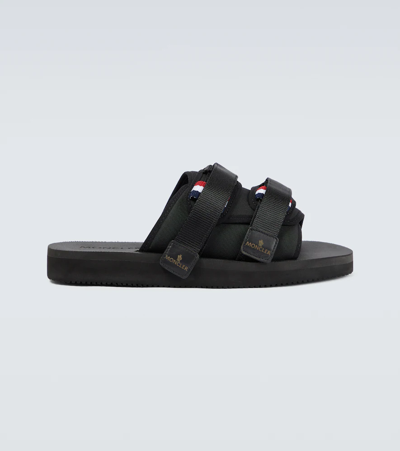 Shop Moncler Strapped Velcro Slides In Black