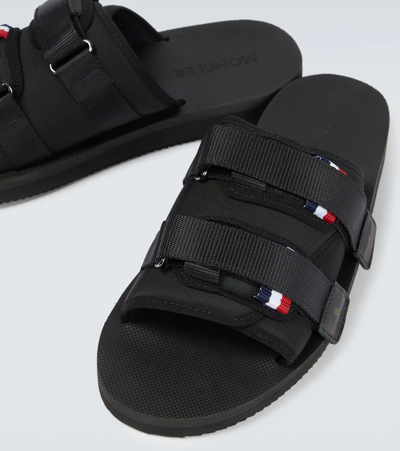 Shop Moncler Strapped Velcro Slides In Black