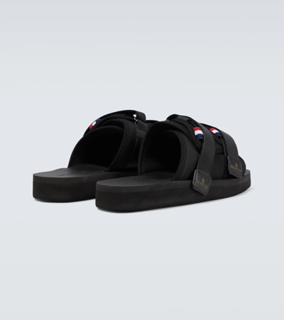 Shop Moncler Strapped Velcro Slides In Black