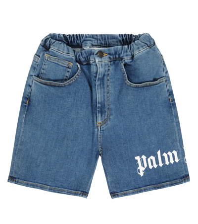Shop Palm Angels Logo Denim Shorts In Navy Blue White