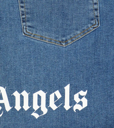 Shop Palm Angels Logo Denim Shorts In Navy Blue White