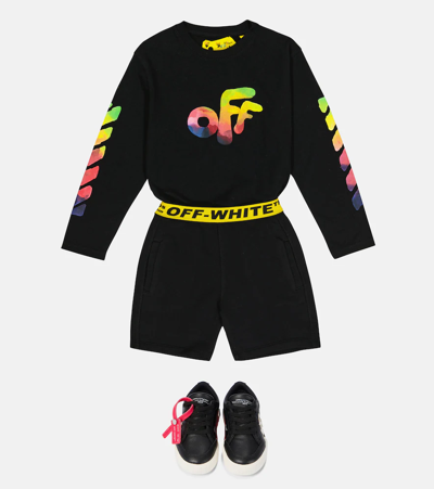 Shop Off-white Logo Cotton Jersey Shorts In Black Yellow