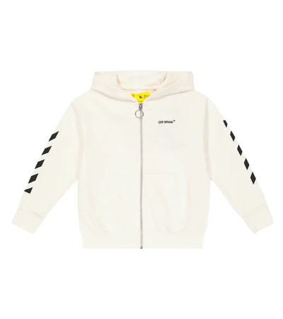 Shop Off-white Logo Cotton Jersey Zip-up Hoodie In White Black