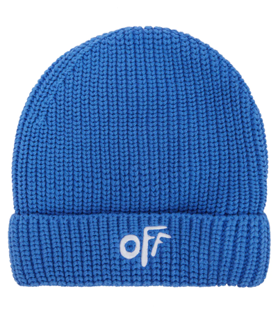 Shop Off-white Logo Embroidered Cotton Beanie In Blue White