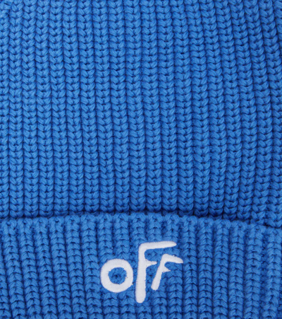 Shop Off-white Logo Embroidered Cotton Beanie In Blue White