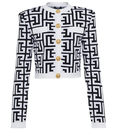 Shop Balmain Monogram Wool-blend Cropped Jacket In Noir/blanc