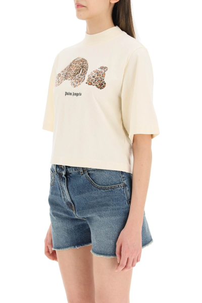 Shop Palm Angels Cropped T-shirt With Bear Print In Beige