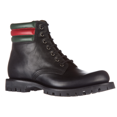Shop Gucci Men's Genuine Leather Ankle Boots Web Pantoufle In Black
