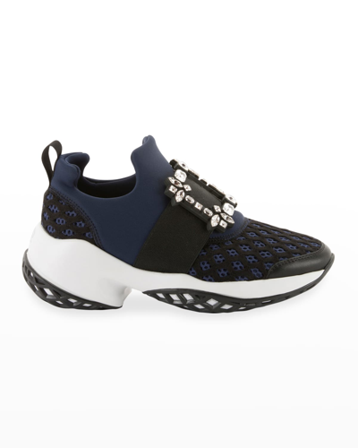 Shop Roger Vivier Running Strass Buckle Stretch Sneakers In Navy Blue/black