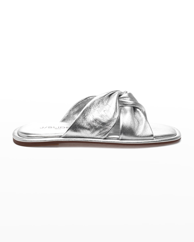 Shop Jslides Yaya Crisscross Leather Flat Sandals In Silver