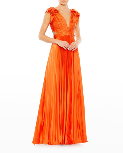 Shop Ieena For Mac Duggal Lace-up Back Pleated Satin Gown In Sunset