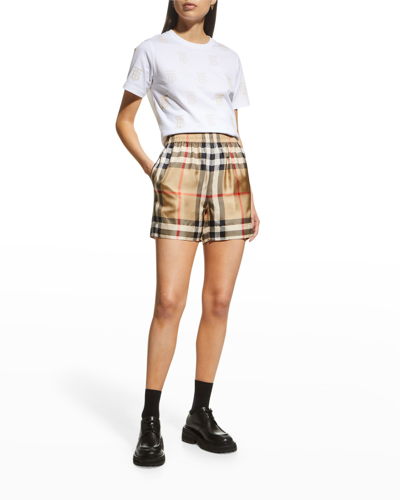 Shop Burberry Tawney Check Mulberry Silk Bermuda Shorts In Archive Beige Ip