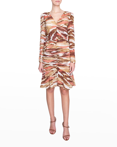 Shop Santorelli Sammi Ruched Ruffle-hem Dress In Copper Multi