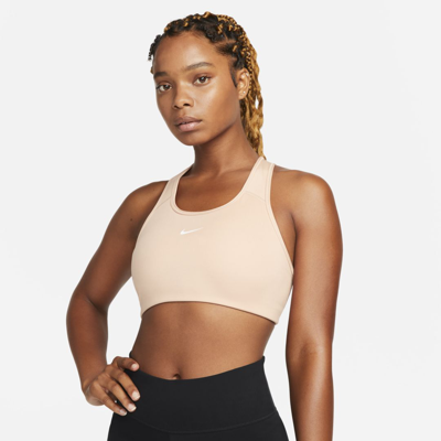 Shop Nike Swoosh Women's Medium-support 1-piece Pad Sports Bra In Rose Whisper,white