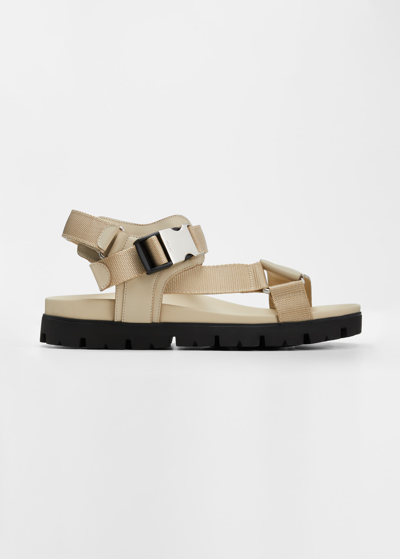 Shop Prada Men's Sporty Leather & Nylon Tape Strap Sandals In Deserto