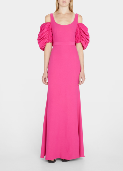 Shop Alexander Mcqueen Cold-shoulder Gown With Attached Puff-sleeves In Bobby Pink