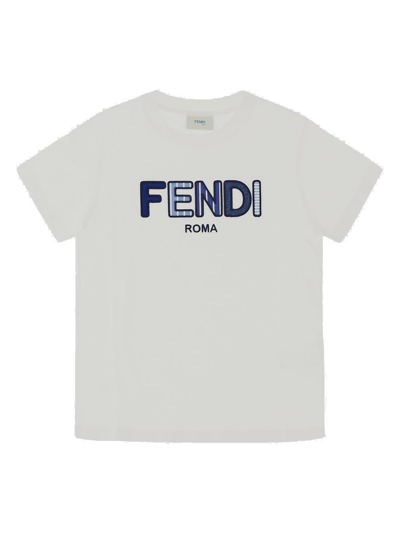 Shop Fendi Kids Logo Embroidered Crewneck T In White