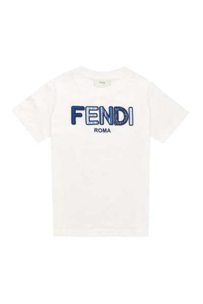 Shop Fendi Kids Logo Embroidered Crewneck T In White