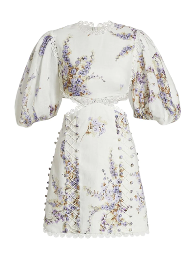 Shop Zimmermann Women's Jude Floral Linen Cut-out Minidress In Mini Lilac Floral