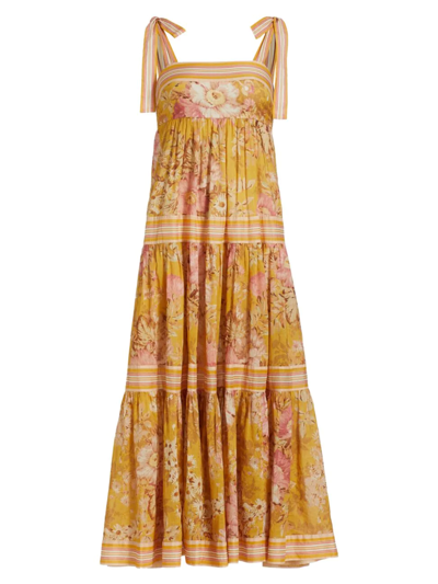 Shop Zimmermann Women's Pattie Tie Strap Tiered Cotton Midi-dress In Mustard Floral