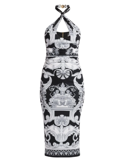 Shop Versace Women's Silver Baroque Halter Dress In Black White