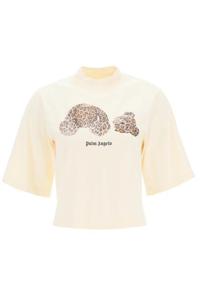 Shop Palm Angels Cropped T-shirt With Bear Print In Beige