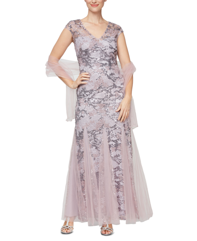Shop Alex Evenings Embellished-lace Embroidered Illusion Gown & Shawl In Wisteria