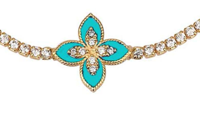 Gabi Rielle 14k Gold Plated Sterling Silver Turquoise Enamel Flower Cz Tennis Bracelet In Gold