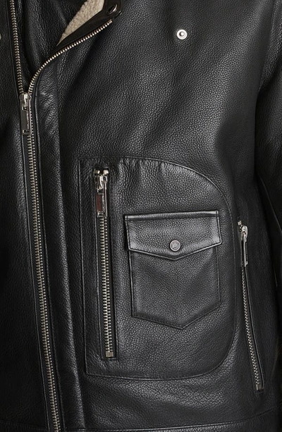 Shop Karl Lagerfeld Asymmetrical Leather Moto Jacket With Faux Shearling Lining In Black