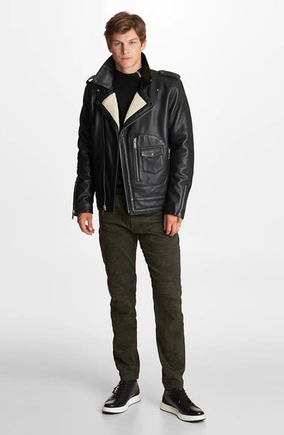 Shop Karl Lagerfeld Asymmetrical Leather Moto Jacket With Faux Shearling Lining In Black