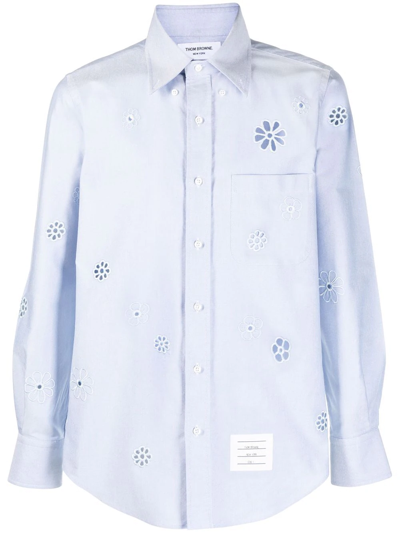Shop Thom Browne Floral-embroidered Shirt In Blue