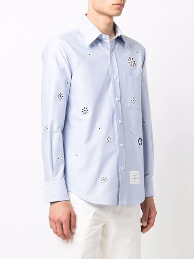 Shop Thom Browne Floral-embroidered Shirt In Blue
