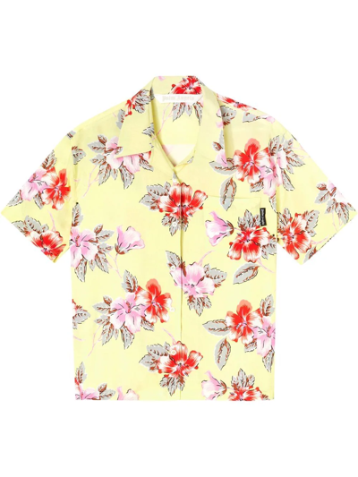 Shop Palm Angels Hibiscus-print Short Sleeve Shirt In Yellow