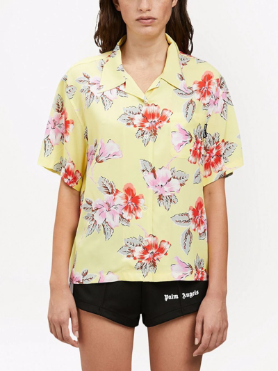 Shop Palm Angels Hibiscus-print Short Sleeve Shirt In Yellow