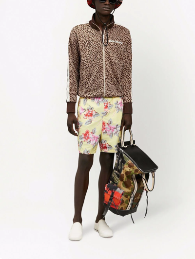 Shop Palm Angels Hibiscus-print Cargo Swim Shorts In Yellow